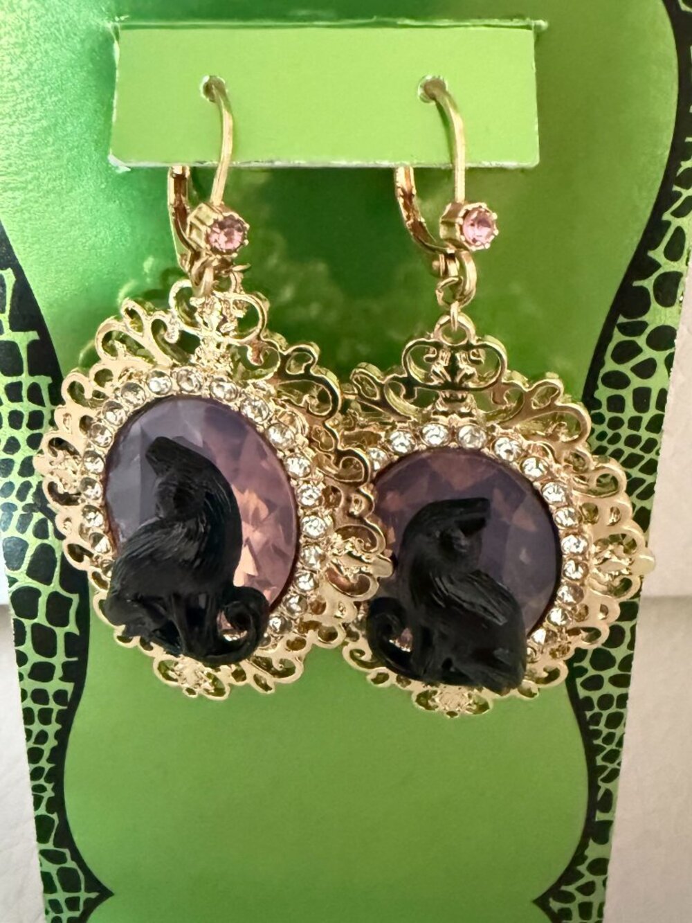 Betsey Johnson Gold Tone Black Cat Cameo Rhinestone Dangle Leverback Earrings